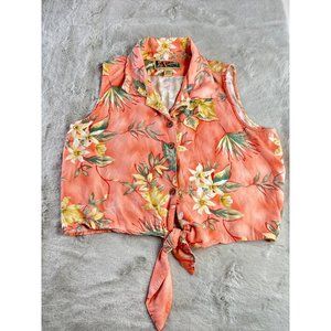 Vintage La Cabana Crop Top Tie Button Down Sleeveless Hawaiian Shirt Size Large